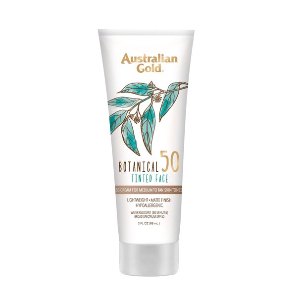 Australian Gold Botanical SPF 50 Tinted Mineral Sunscreen for Face, Non-Chemical BB Cream, Water-Resistant, Matte Finish, For Sensitive Facial Skin, Medium to Tan Skin Tones, 3 FL Oz