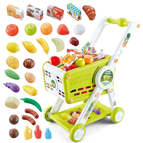 KalaDuck Supermarket Shopping Cart for Kids, 31PCS Shopping Trolley Cart Toy with Play Food Shop Accessories, Pretend Play Shopping Basket Grocery Store Games for Toddlers Boys Girls Ages 3+ (Green)