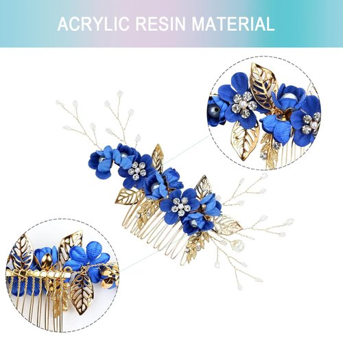 Wedding Hair Combs, Crystal Flwoer Hair Clips Bride Bridesmaid Hair Sides Comb Rhinestone Barrettes, Pearl Flower Hair Pins Hair Accessories for Women Girls (Royal Blue)