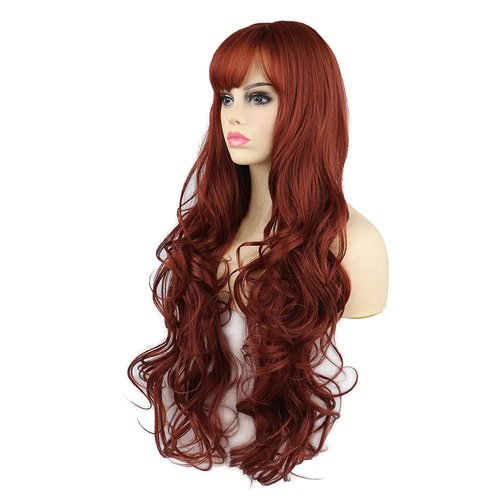 SYXLCYGG Long Auburn Wigs 28" Wavy Synthetic Daily Wigs Halloween Costumes Party Curly Hair Wig With Bangs Soft&Not Tangled for White Womens Natural Wigs Girls Ladies Real(free wig cap)