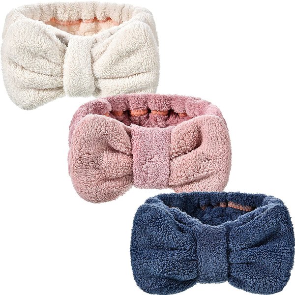 3 Pieces Hair Headband to Wash Face for Makeup Spa, Microfiber Bowtie Shower Headband for Women and Girls (Pink, Blue, White)