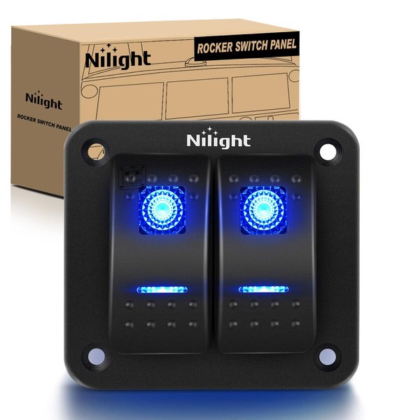 Nilight 90106B 2 Gang Rocker Switch Panel 5 Pin On Off Pre-Wired Rocker Switch Aluminum Panel Waterproof Switche Panel for 12V/24V Automotive Cars Marine Boats ATVs Trailers,2 Years Warranty , Blue