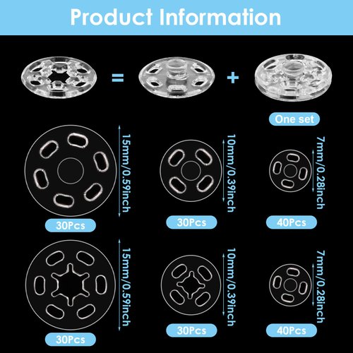 100 Sets Plastic Sew-on Snap Buttons Invisible Snap Fasteners Buttons Round Clear Press Button for Sewing Clothing DIY Craft, 7 mm 10 mm 15 mm