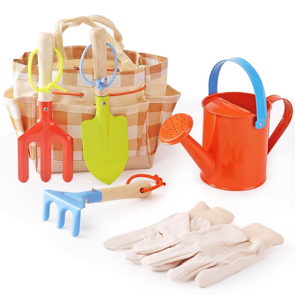 Kids Gardening Tools Set, Toddler Play Kit Child Outdoor Toy with Gloves, Watering Can, Metal Shovel, Rake, Fork & Storage Bag, Backyard Sand Digging Birthday Holiday Present for Boy Girl 3-5 (Orange)
