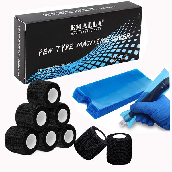 Pen Machine Covers with Grip Tapes - Gakonps 4pcs Tattoo Grip Wrap and 200pcs Tattoo Machine pen Covers Tattoo Machine Bags Tattoo Grip Covers Tattoo Pen Sleeves Groups Tattoo Supplies…