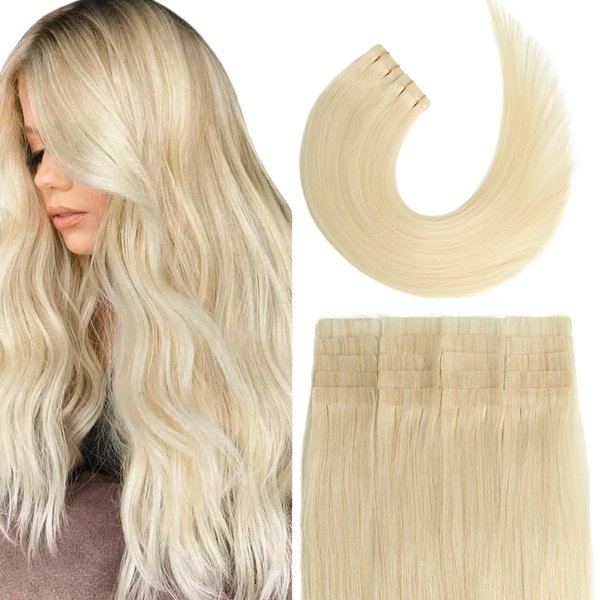 Tape in Hair Extensions 60 Platinum Blonde 100% Remy Human Hair Extensions Silky Straight for Fashion Women 20 Pcs/Package(22Inch #60 60g)