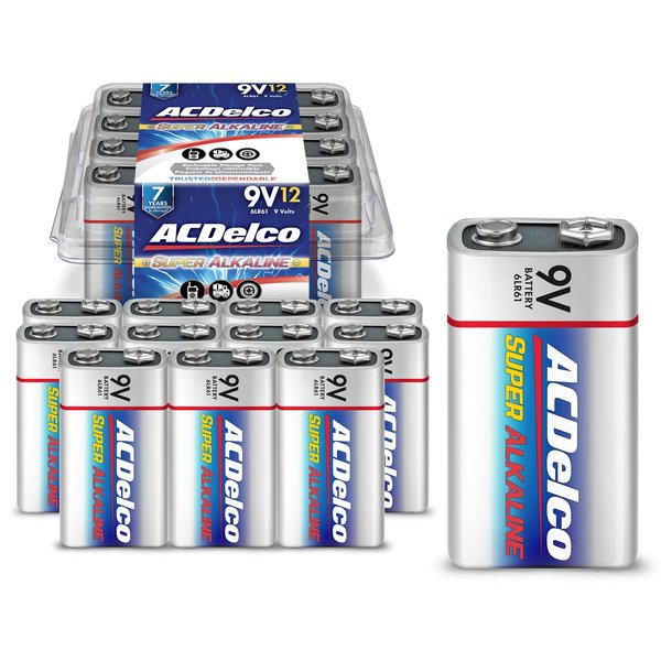ACDelco 12-Count 9 Volt Batteries, Maximum Power Super Alkaline Battery, 7-Year Shelf Life, Reclosable Packaging