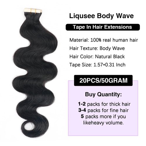 Liqusee Body Wave Tape In Hair Extensions Human Hair 100% Remy Human Hair Natural Black 18 inch 20pcs 50g/Pack Seamless Invisible PU Skin Weft Tape ins Real Human Hair Extensions for Black Women