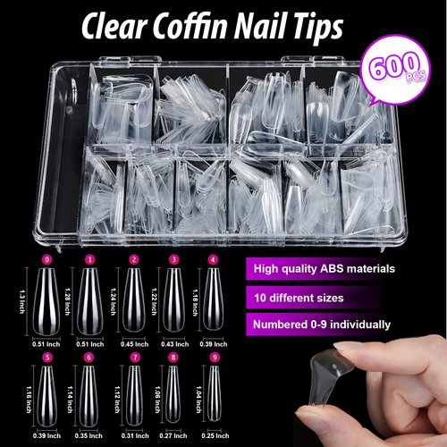 Clear Coffin Nail Tips, Teenitor Long Coffin Nails Tips Full Cover, 600pcs Clear Nail Tips For Acrylic Nails Clear Press On Nails, Acrylic Nail Clipper, Nail Stand for DIY Fake Nails