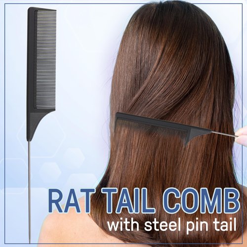 4 Pack Carbon Fiber Rat Tail Combs - Carbon Fiber, Stainless Steel Pintail, Heat Resistant, Hair Comb Set for Braiding, Parting, and Styling, 9 Inches Long - Black Combs for Women and Men