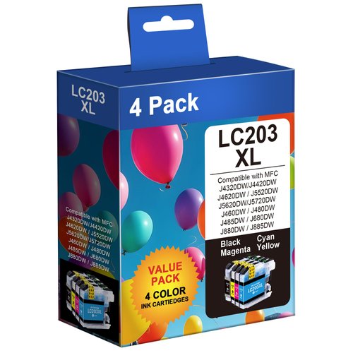 LC203XL Ink Cartridges Compatible for Brother LC203 LC201 High Yield to Use with MFC-J880DW MFC-J480DW MFC-J460DW MFC-J4420DW MFC-J485DW MFC-J885DW (Black, Cyan, Magenta, Yellow, 4 Pack)