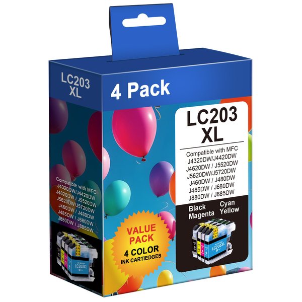 LC203XL Ink Cartridges Compatible for Brother LC203 LC201 High Yield to Use with MFC-J880DW MFC-J480DW MFC-J460DW MFC-J4420DW MFC-J485DW MFC-J885DW (Black, Cyan, Magenta, Yellow, 4 Pack)