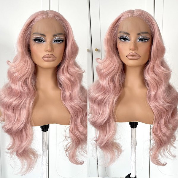 MITIMES Pink Wigs Glueless HD Lace Front Wigs Pre Plucked Synthetic Body Wave Wear And Go Lace Front Wig For Cosplay Party Light Pink Wig With Natural Hairline For Fashion Women