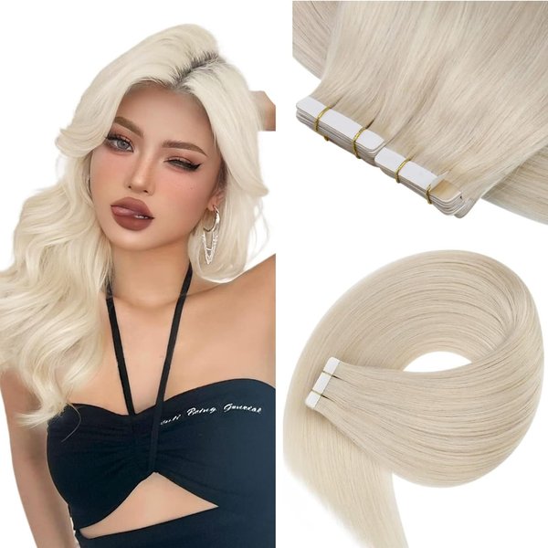 Sunny Hair Tape in Extensions Straight Skin Weft Tape in Hair Extensions Invisible Tape in Hair Extensions Human Hair 20Pcs Hair Extensions Real Human Hair Platinum Blonde 16inch