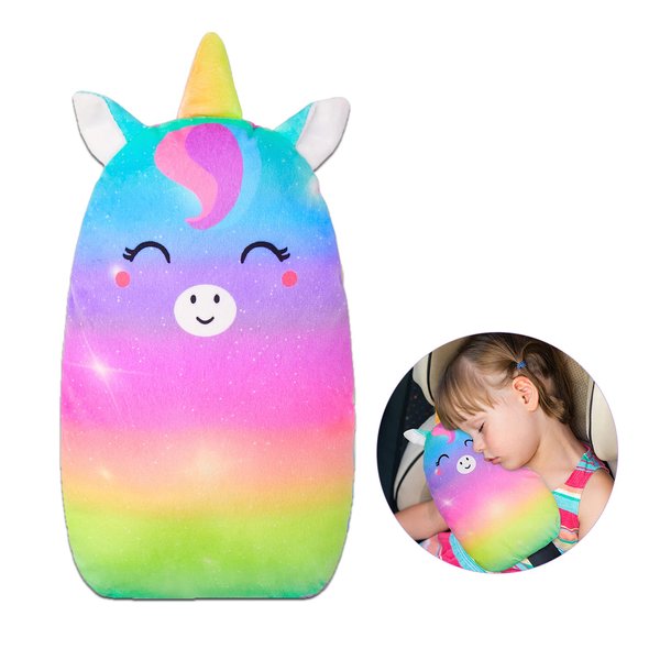 FIODAY Car Seat Belt Covers for Kids Unicorn Seat Belt Pillow Soft Seat Belt Cushion Adjust Seat Strap Pillow Head Neck Support for Children Baby Boys Girls Travel, Rainbow