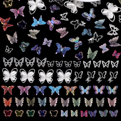 120Pcs 3D Silver Butterfly Nail Stud Gems Crystal Charms, Butterfly Acrylic Nails Art Charms Butterfly Colors Crystal Rhinestones Charms Set for Nail Stones Design DIY Decoration