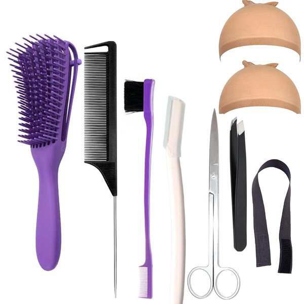 Miaubaa Wig Kit for Lace Front Wigs for Beginners 8Pcs, Lace Melting Elastic Band for Wigs, HD Wig Caps, Eyebrow Razors, Tweezers, Edge Brush, Detangle Brush