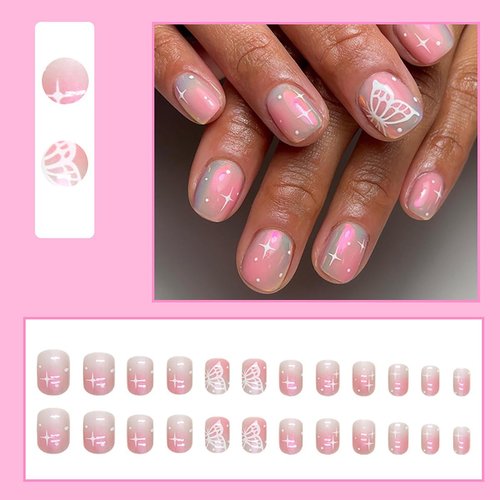 24Pcs Short Press on Nails Square Fake Nails Aurora Butterfly Stars Design Coffin False Nails Blush Full Cover Glue on Nails Gradient Pink Acrylic Nails Summer Artificial Nails Kit for Women Girls