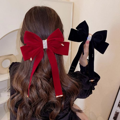 SINIDE Velvet Hair Bow Tail Satin Bow Long Tail Headpieces Winter Hair Barrette Headwear Hair Accessories for Women and Girls Gifts, Elegant Hair Decor for Wedding Prom Dating