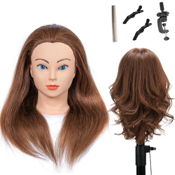 Mannequin Head with Human Hair 100% Human Hair Mannequin Head Hair Styling Training Head Cosmetology Manikin Head Doll Head for Hairdresser with Free Clamp 16-18(brown))