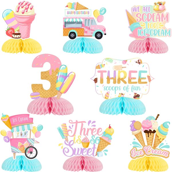 Jollyboom Ice Cream 3rd Birthday Decoration for Girls, Three is So Sweet Birthday Honeycomb Centerpiece We All Screamed for Ice Cream Double-sided Honeycomb Centerpiece for Summer 3rd Birthday Party