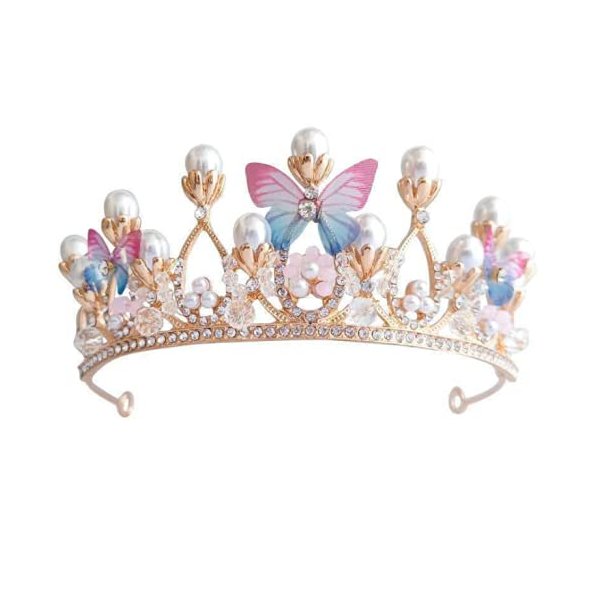 YOVECATHOU Girls Tiara Butterfly Princess Crown Gold Pearl Headband Rhinestone Hairpiece for Halloween Costume Wedding Bridal Prom Birthday Party Cosplay Christmas Gifts
