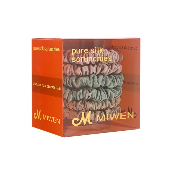 Miwen Silk Scrunchies 100% Pure Mulberry Silk Hair Ties,Gentle on Hair, Soft & Shiny, Less Pulling, Breakage for Ponytail (Small, Champagne+Green+Cherry Pink)