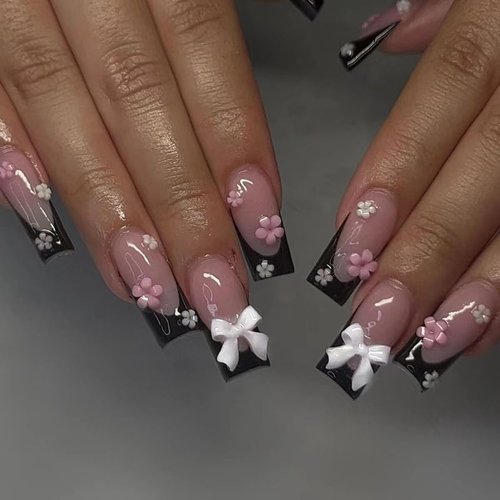 COCDLAN Black French Tips Press on Nails Medium Long Pink Fake Nails Square Glossy 3D Flower False Nails Reusable Nail Kit for Women 24Pcs
