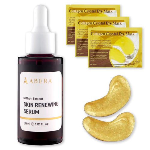 ABERA Saffron Serum For Melasma Treatment, Renewing for Face, Anti-Aging Treatment for Fine Lines & Wrinkles, High Potency Saffron Extract, Hydrating Serum, Dark Spot Remover (1 Box+ 3 Eye Patches)