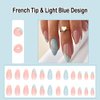 ANDGING French Tip Press on Nails Almond Short Medium White Fake Nails with Light Blue Marble Design Glue on Nails for Women Acrylic Gel Stick on Nails with Glue False Nails for Wedding Birthday 24Pcs
