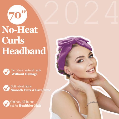 Heatless Curls Headband, Hair Rollers for Heatless Curls, 70" Velvet Heatless Curlers for Women Girls Overnight Curls, No Heat Hair Curlers to Sleep In - Purple