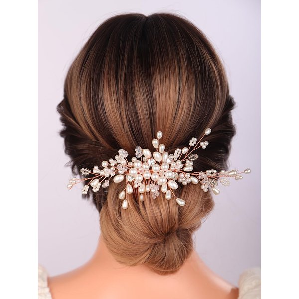 Teyglen Pearl Bride Wedding Hair Comb Flower Crystal Hair Piece Bridal Pearl Hair Comb Rhinestone Headpiece Hair Accessories for Women Girls (Rose gold)