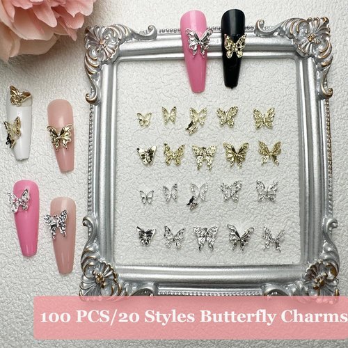 KACHIMOO 100 PCS Butterfly Nail Charms Silver Nail Butterfly Charms Gold Butterfly Charms Butterfly Charms for Nails 3D Nail Charms for Acrylic Nails