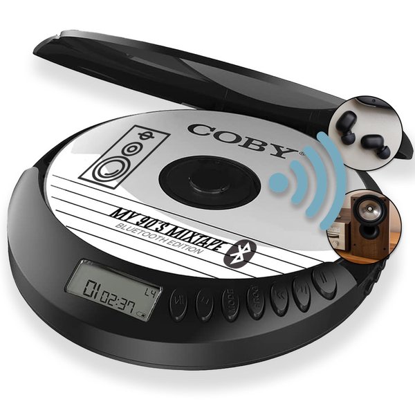Coby Bluetooth CD Player, FM, AUX, MP3, Anti-Skip Lightweight Portable CD Player w/Headphones, 6-HR Playtime for Home, Car, Travel, Rechargeable