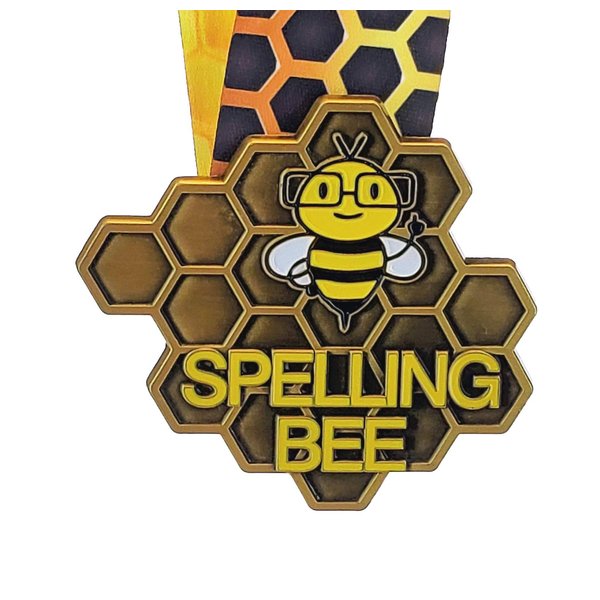 Decade Awards Spelling Bee Honeycomb Medal - Gold - Spelling B Medallion with Honeycomb Neckband - 3.25 Inch Wide