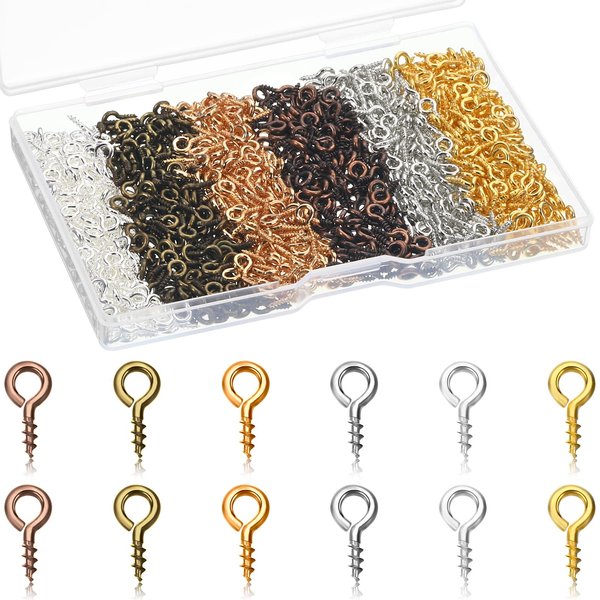 600 Pcs Screw Eye Pins 6 Colors Eye Pins Hooks Small Metal Eyelet Screws Mini Screw Eye Pin Peg Self Tapping Screw Eye Hooks for Jewelry Making DIY Art Craft(4 x 8 mm)