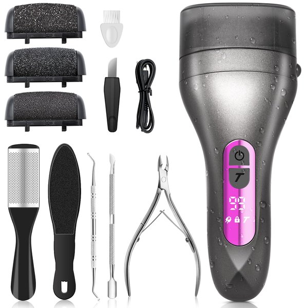 Electric Foot Callus Remover, Rechargeable Electric Foot File with 3 Replaceable Rollers, Waterproof Pedicure Tools Smooth Pedicure Wand for Foot Care Removal Dead Skin - LCD-Display