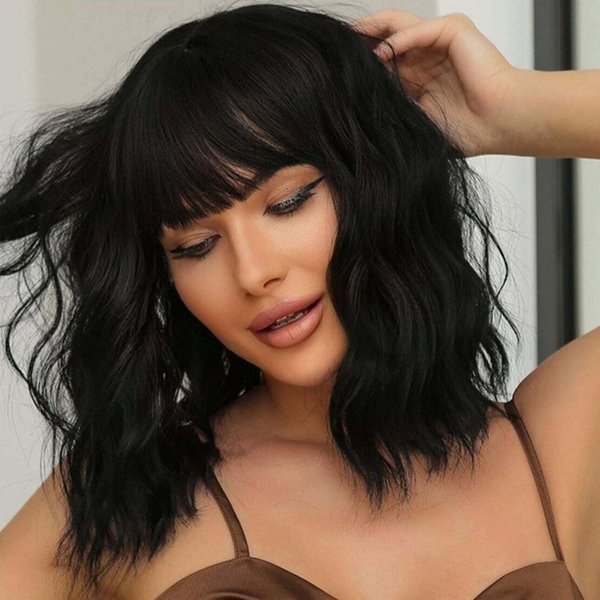 andromeda Black Wavy Wig with Bangs Soft Short Bob Wigs for Women Synthetic Shoulder Length Women's Curly Wigs for Halloween Costumes Cosplay Daily (Black)
