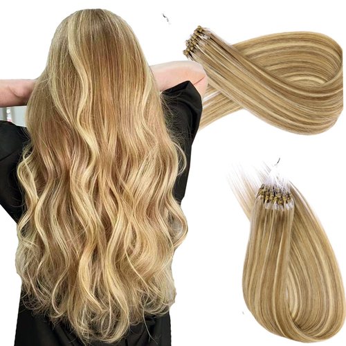KiiKiiGirl Microlink Hair Extensions - Human Hair,14inch Micro link Hair Extensions Human Hair Micro Beads Hair Extensions Human Hair Blonde Highlighted Bleach Blonde 30G/Pack