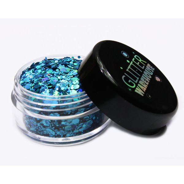 Chunky Sea Blue Holographic Glitter Mix GLITTERWAREHOUSE Cosmetic Glitter Loose Glitter Powder for Festival Makeup Face Body Hair Nails Eyes Lips (50g Bag)