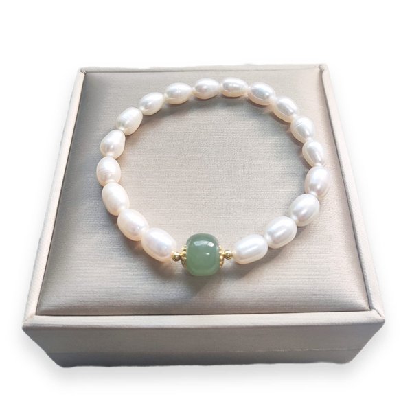 Green Jade Pearl Bracelet for Women, Natural Baroque Freshwater Pearls, 14K Gold Plated Beaded Stretch Bracelet, Lucky Jewelry Gift for Her