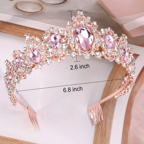 Didder Baroque Vintage Tiara, Pink Crystal Crown Tiaras for Women Royal Crowns for Women Tiaras for Girls Hair Accessories for Women Bridal Wedding Prom Birthday Party (Rose Gold)