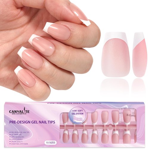 Canvalite French Tip Press on Nails Gel Nail Tips - 300Pcs Pre-Colored Quick and Easy Fake Nails with Designs Coffin Nails Tips Short Press on Nails DIY Nail Extensions, Pink White