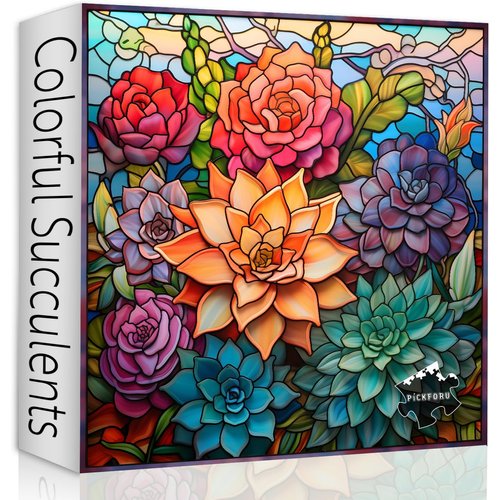 Stained Glass Succulent Puzzles for Adults 1000 Pieces, Mosaic Succulent Plant Puzzle Hard, Impossible Difficult Challenging Puzzles, Colorful Art Stained Glass Puzzle