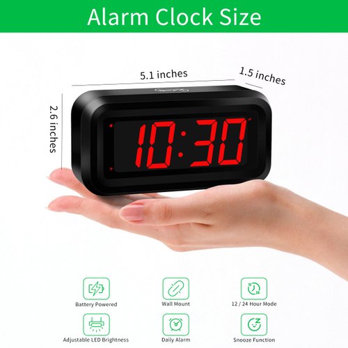 Alarm Clock, LED Digital Clock, Small Wall Clock, Battery Operated, Adjustable 3-Level Led Brightness, Dim Night Mode, 12/24Hr, Cordless, Constantly 1.2'' Digits Display for Bedroom/Travel,Easy to Set
