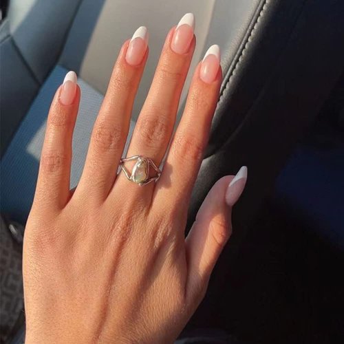 YoYoee Press on Nails Short French Fake Nails Almond Cute Tips Acrylics Full Cover White False Nails for Women and Girls 24PCS
