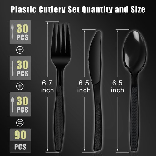 Weenkilly 90 Pack Plastic Cutlery Set - Disposable Plastic Utensils- Plastic Silverware Sets for Wedding Catering Parties - 30 Forks, 30 Spoons, And 30 Knives Set (black)