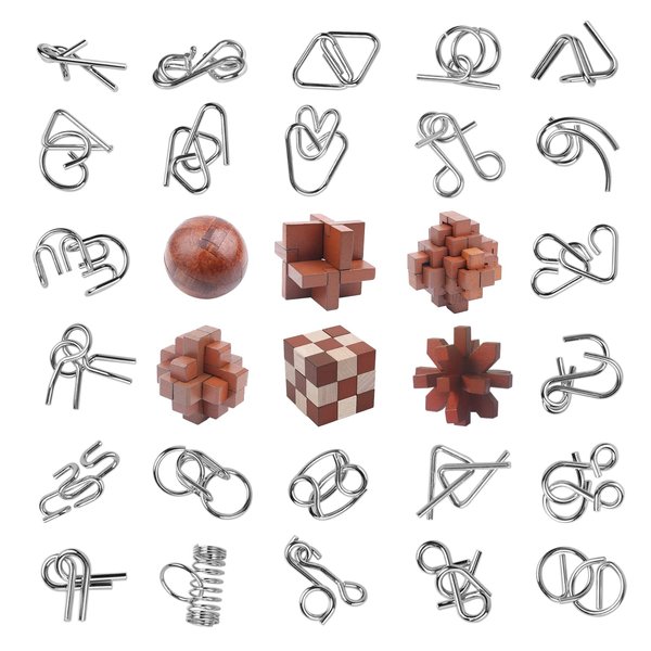 RLYLF 30pcs Brain Teaser Puzzles Game for Adults and Kids Ancient Wooden and Metal Puzzles 3D Educational Toys IQ Logic Train Family Games Party Favor Coffee Time Unlock Interlock Puzzles Box