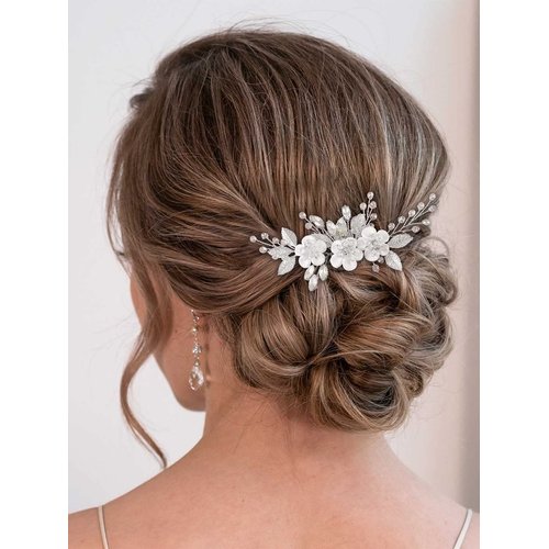 Catery Flower Bride Wedding Hair Comb Silver Bridal Hair Pieces Bride Rhinestones Hair Jewelry Opal Headpieces Bead Side Combs Decorative Hair Accessories for Women and Girls