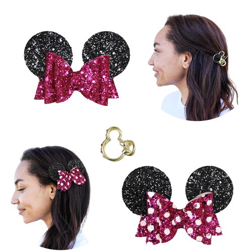 Styla Hair 3 Piece Mouse Ears Clip On Sequin Hair Clip Set Mouse Ear Barrettes for Women Minnie Hair Clips with Sparkle Bows Girls Hair Accessories - Pink Black